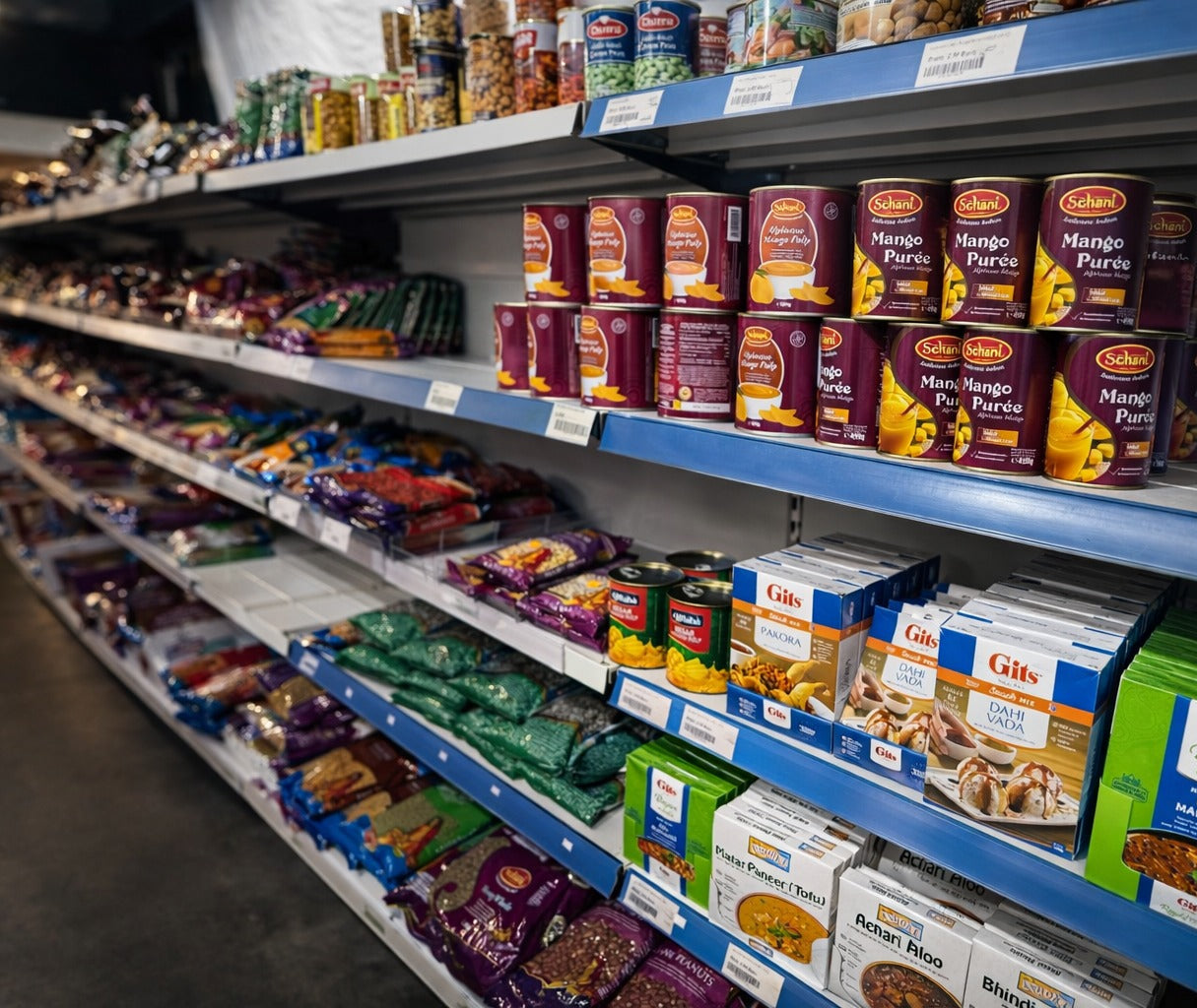 Supermarket aisle with various food products on shelves